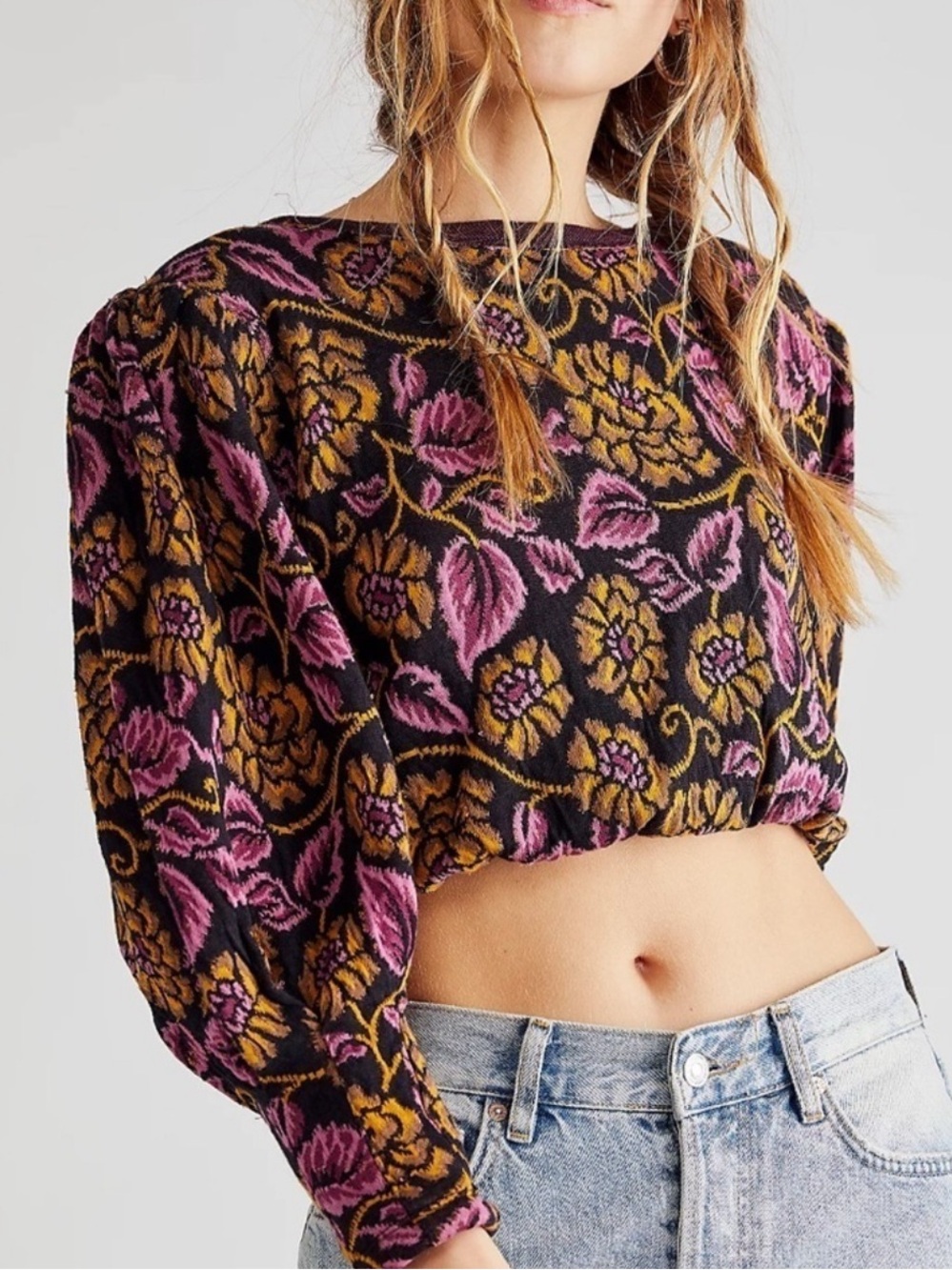 Free People No Ordinary Top Floral Jacquard Cropped Sweater Large EUC